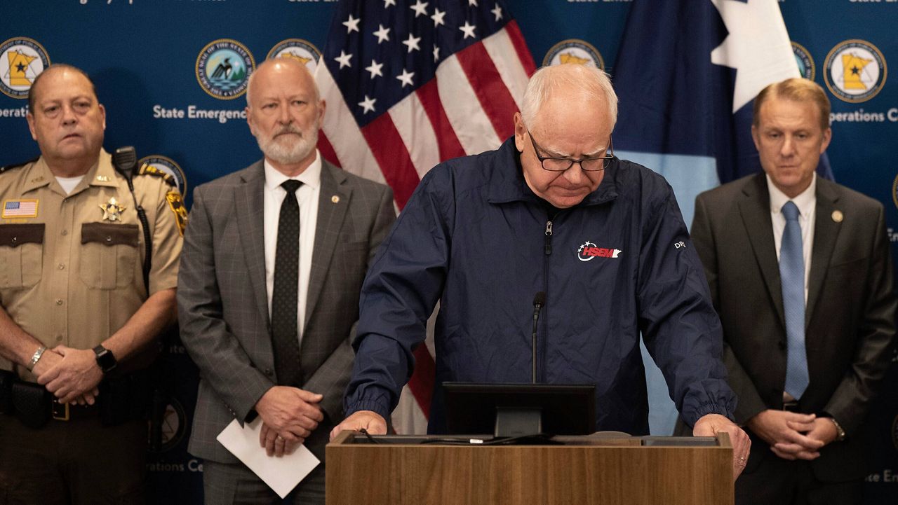 Minnesota Gov. Tim Walz pauses as he speaks about the killing of state Rep. Melissa Hortman and her husband at the State Emergency operations Center in Blaine, Minn. Saturday, June 14, 2025. (Jerry Holt/Star Tribune via AP)
