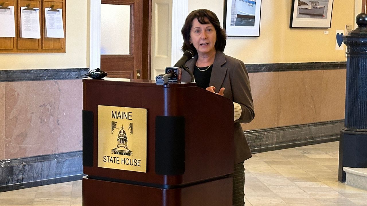 Wanda Pelkey, board chairwoman of the Maine Heath Care Association, calls for more state and federal funds to support nursing homes on Thursday at the State House. (Spectrum News/Susan Cover)