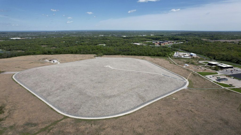 Weldon Spring disposal cell, 41-acre structure built to contain chemical and radiological waste, is visible on Friday, April 21, 2023, in Weldon Spring, Mo. The government said the site is safe, but some local residents still worry. (AP Photo/Jeff Roberson)