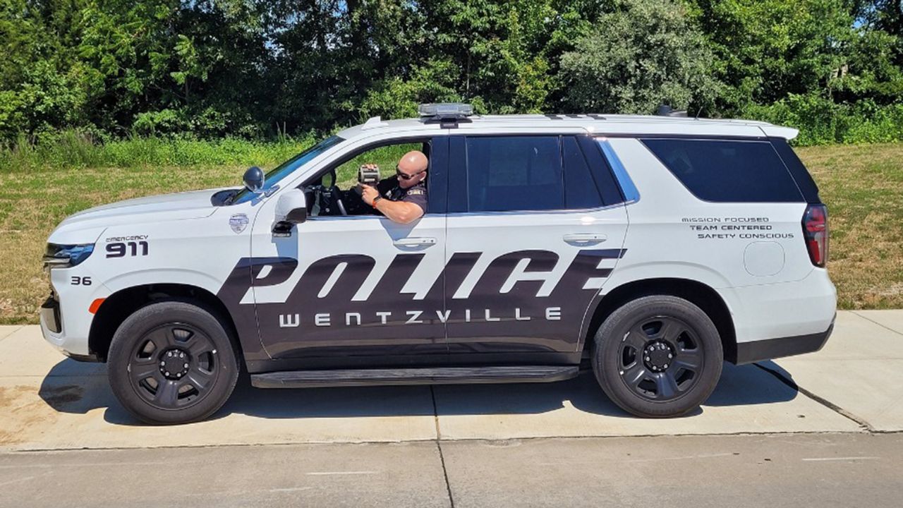 A Wentzville police officer uses radar to catch a driver's speed as part of the department’s traffic safety campaign. (Photo courtesy of Wentzville Police Department via Facebook)