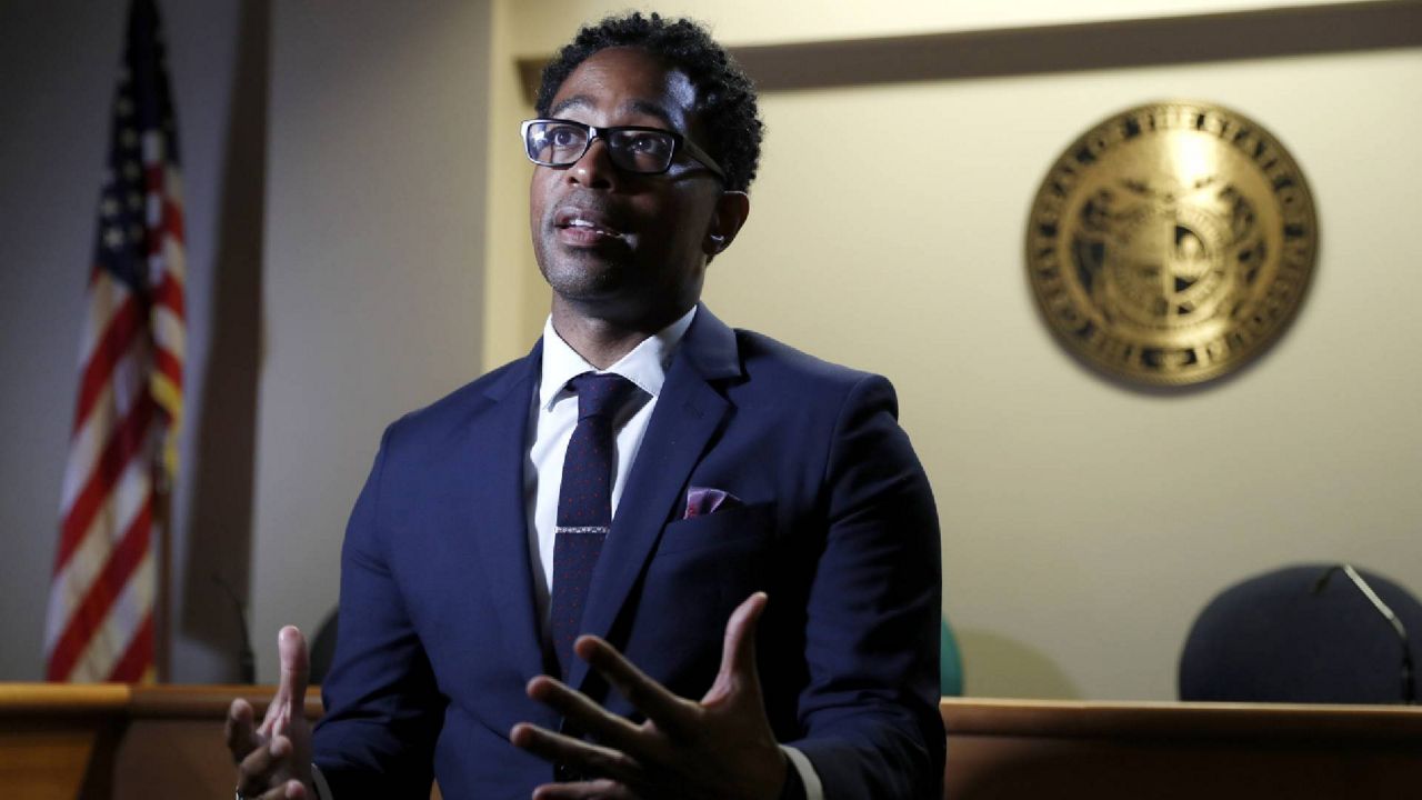 In this July 29, 2019 file photo, St. Louis County Prosecutor Wesley Bell speaks during an interview in Clayton, Mo.  (AP Photo/Jeff Roberson, file)