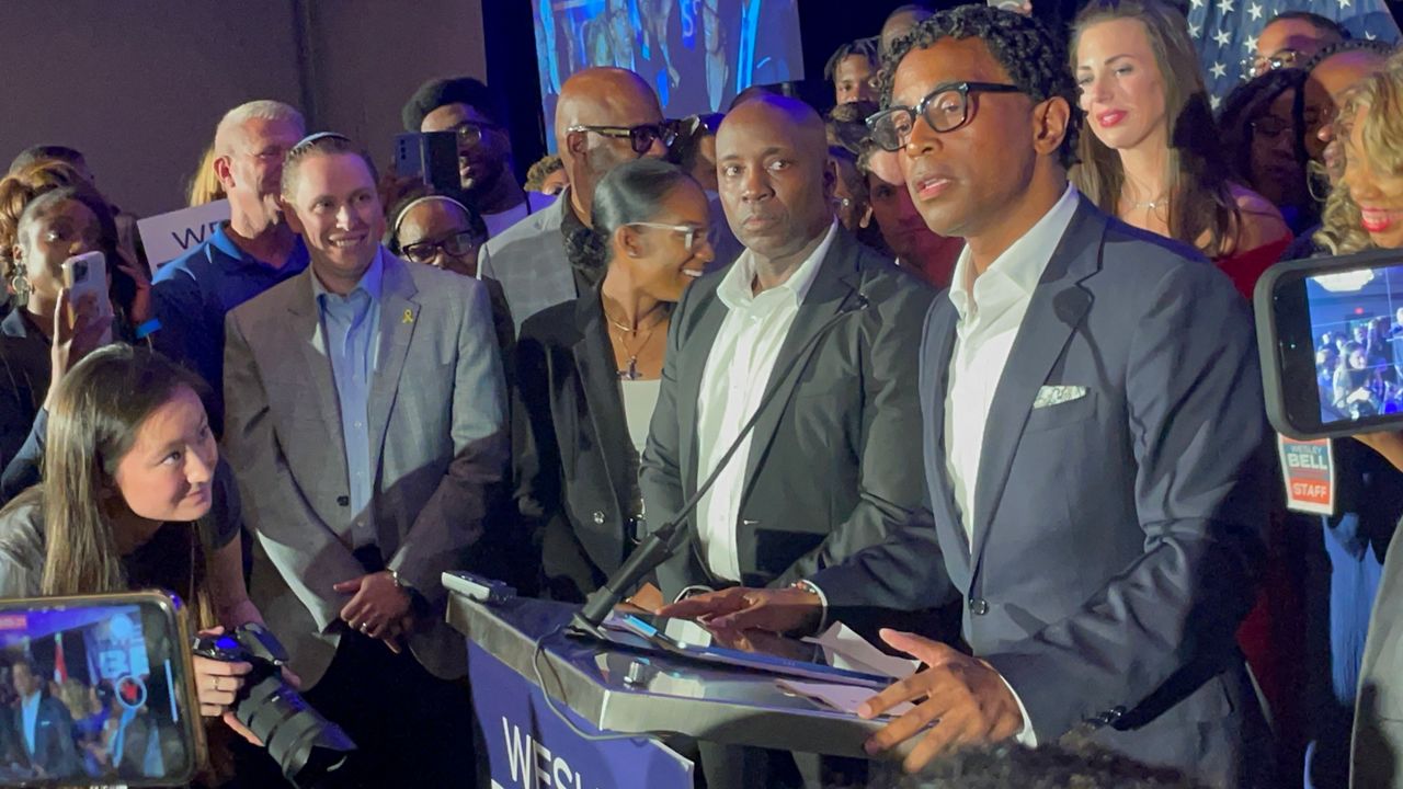 St. Louis County Prosecuting Attorney Wesley Bell addresses supporters Tuesday after his Democratic primary win over U.S. Rep. Cori Bush. (Spectrum News/Gregg Palermo)