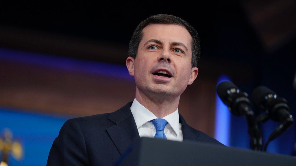 Transportation Secretary Pete Buttigieg speaks about airline flight delays and cancellations in the South Court Auditorium on the White House complex, May 8, 2023, in Washington.