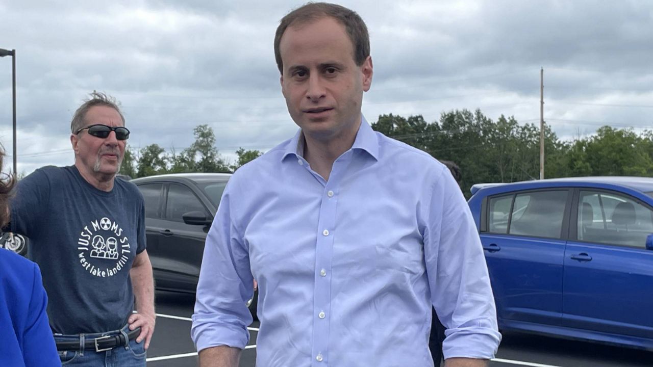 Will Scharf, a GOP candidate for Attorney General of Missouri, attends a news conference in Weldon Spring, Mo. featuring advocates for victims of nuclear radiation and contamination. (Spectrum News/Gregg Palermo)