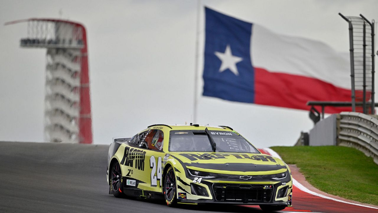 William Byron steers through turn ten during the EchoPark Automotive Grand Prix NASCAR Cup Series auto race on Sunday, March 24, 2024, at Circuit of the Americas race track in Austin, Texas. (AP Photo/Darren Abate)