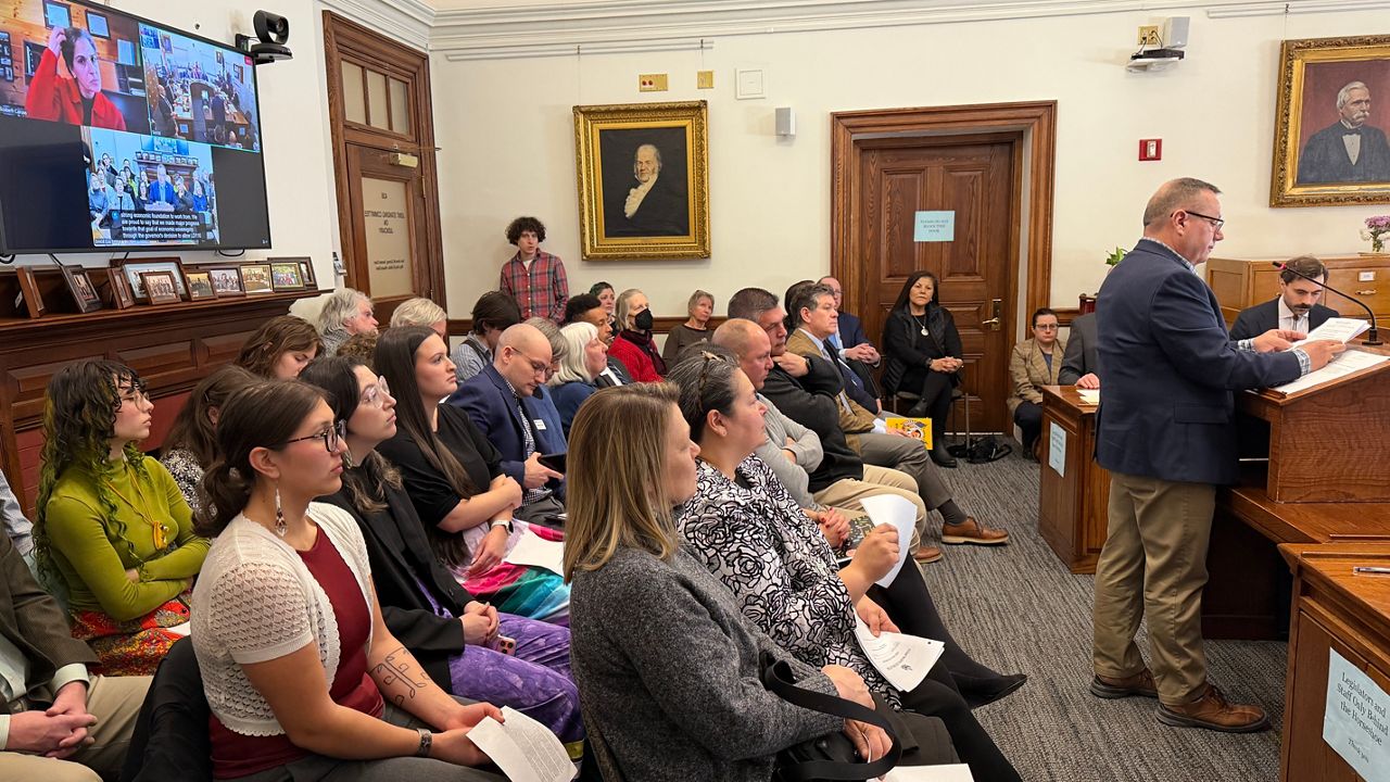 Chief William Nicholas of the Passamaquoddy Tribe, far right, told lawmakers he and others are working with the governor’s office to make progress this year. (Spectrum News/Susan Cover)
