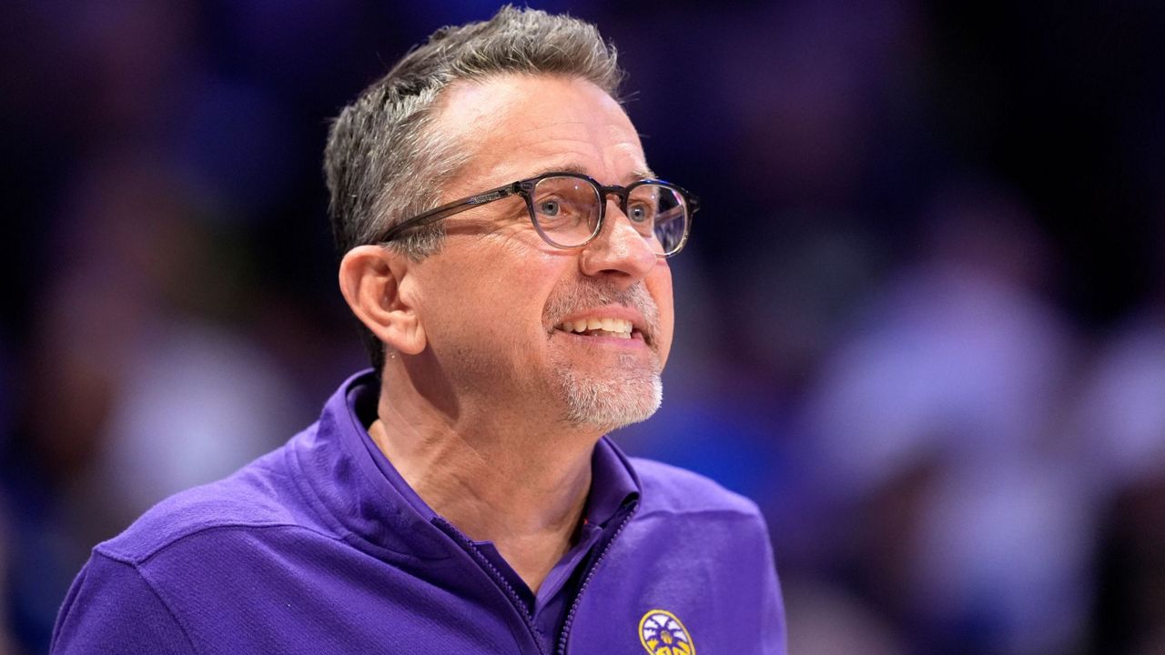 Los Angeles Sparks head coach Curt Miller instructs his team during a WNBA basketball game against the Dallas Wings in Arlington, Texas, Saturday, July 13, 2024. (AP Photo/Tony Gutierrez)