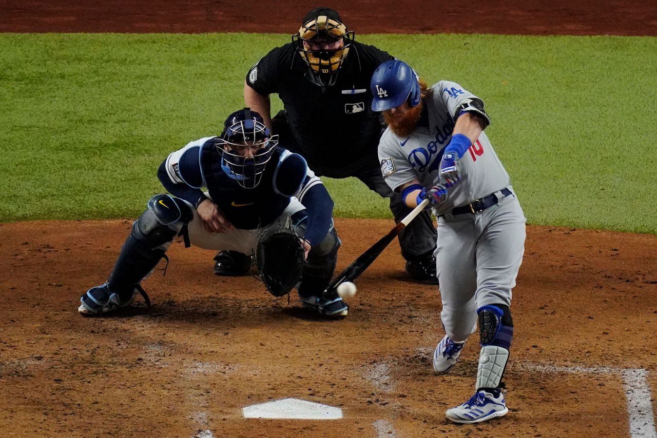 Pine tar stains the back of Los Angeles Dodgers third baseman