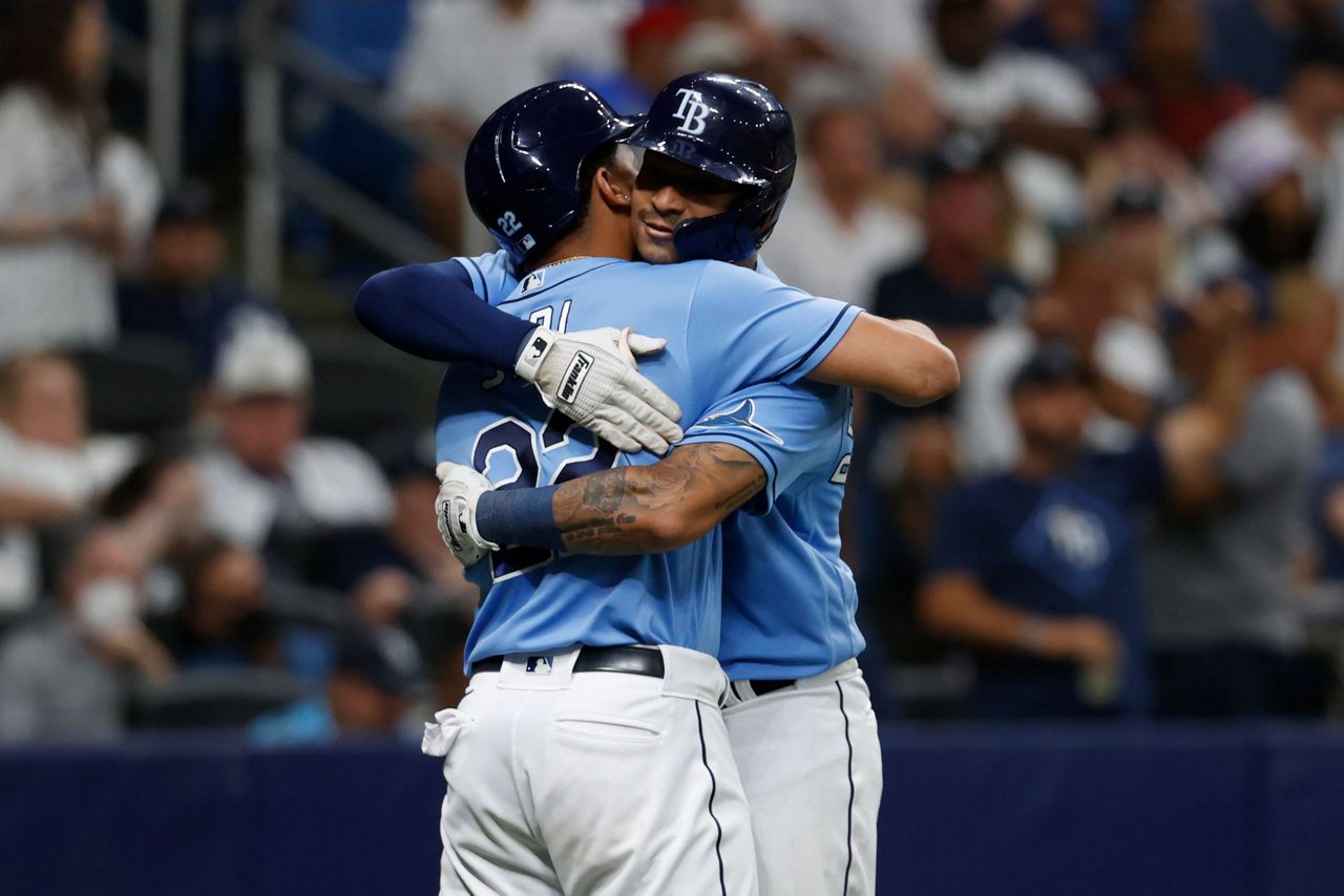 Tampa Bay Rays' Christian Bethancourt runs to first base after