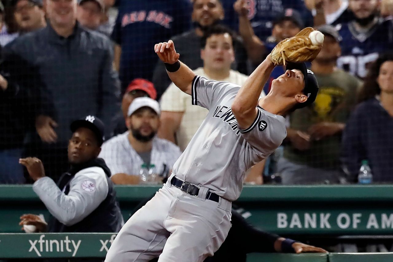 New York Yankees' Andrew Velazquez at the end of a baseball game