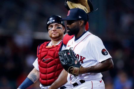 Jackie Bradley Jr. of the Boston Red Sox reacts with Christian