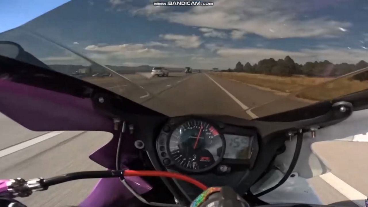 Rendon Dietzmann, known as Gixxer Brah on YouTube, recorded himself going over 150 mph on Colorado Interstate 25 on September 28, 2023. The video has since been deleted from YouTube, but Dietzmann is now wanted on multiple charges in Colorado. (Colorado State Patrol)