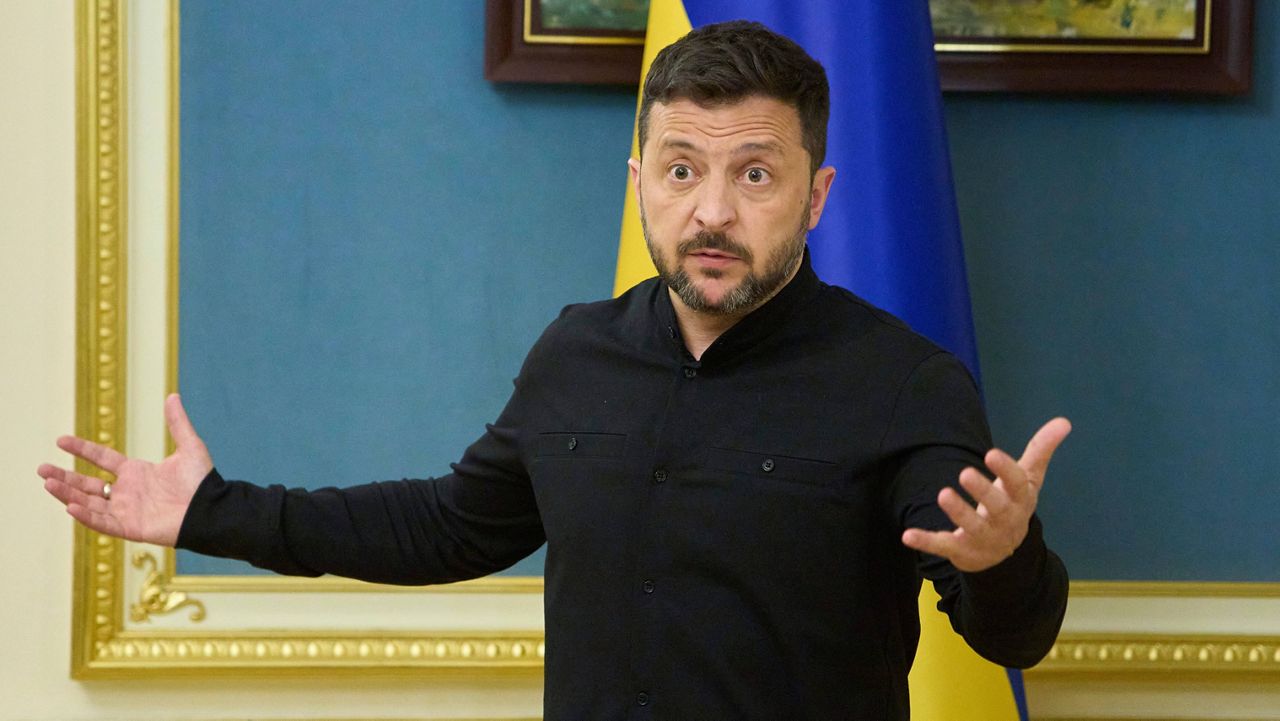 Ukrainian President Volodymyr Zelenskyy speaks during a briefing in Kyiv, Ukraine, Monday, May 19, 2025. (AP Photo/Efrem Lukatsky)