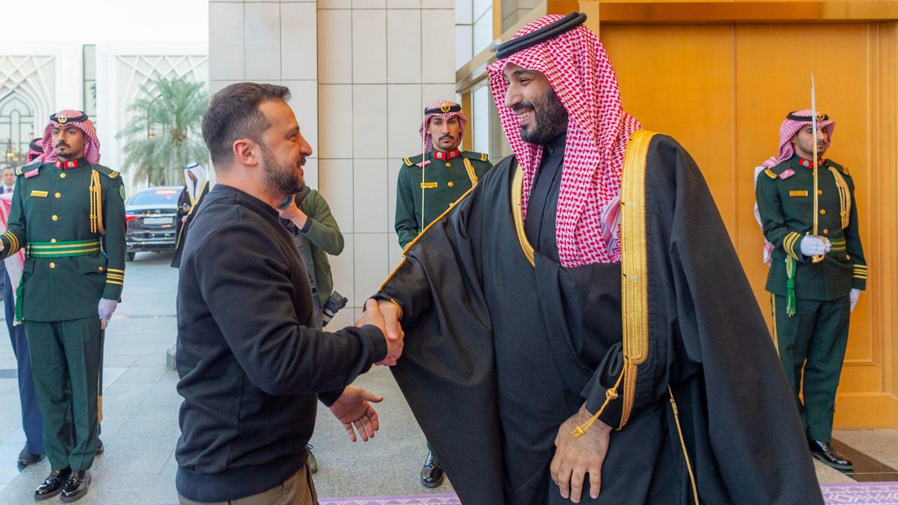 This handout image from the state-run Saudi Press Agency shows Ukrainian President Volodymyr Zelenskyy, left, meeting with Saudi Crown Prince Mohammed bin Salman in Riyadh, Saudi Arabia, Tuesday, Feb. 27, 2024. Zelenskyy arrived in Saudi Arabia on Tuesday and met the kingdom's powerful crown prince to push for a peace plan and the return of prisoners of war from Russia. (Saudi Press Agency via AP)