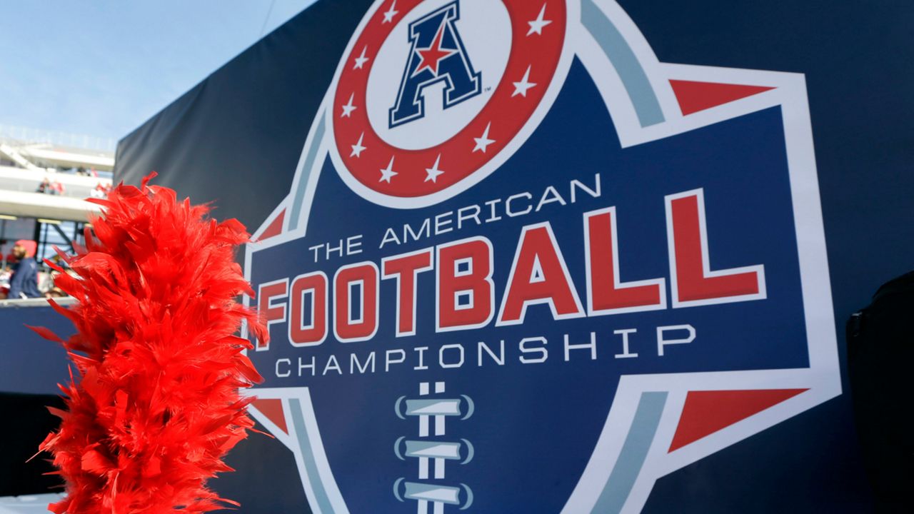 The American Athletic Conference logo is displayed before during the championship NCAA college football game between Houston and Temple in Houston. (AP Photo/David J. Phillip)