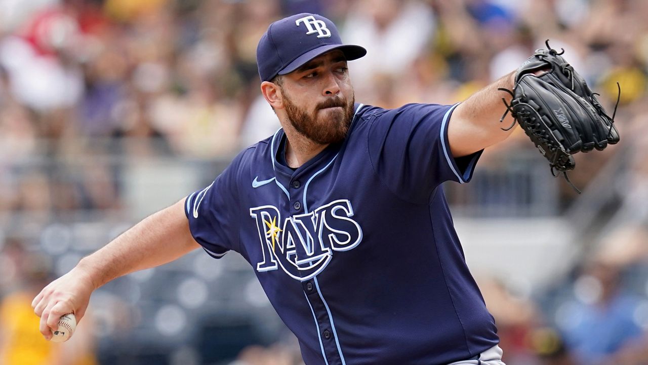 Tampa Bay Rays starting pitcher Aaron Civale delivers during the first inning of a baseball game against the Pittsburgh Pirates, Sunday, June 23, 2024, in Pittsburgh. (AP Photo/Matt Freed)