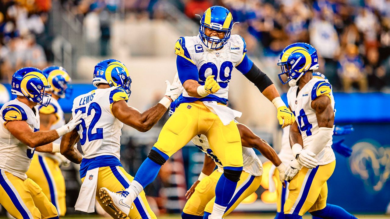 The Los Angeles Rams' Aaron Donald celebrates during Super Bowl LVI in Inglewood, California (Courtesy The Walt Disney Co.)