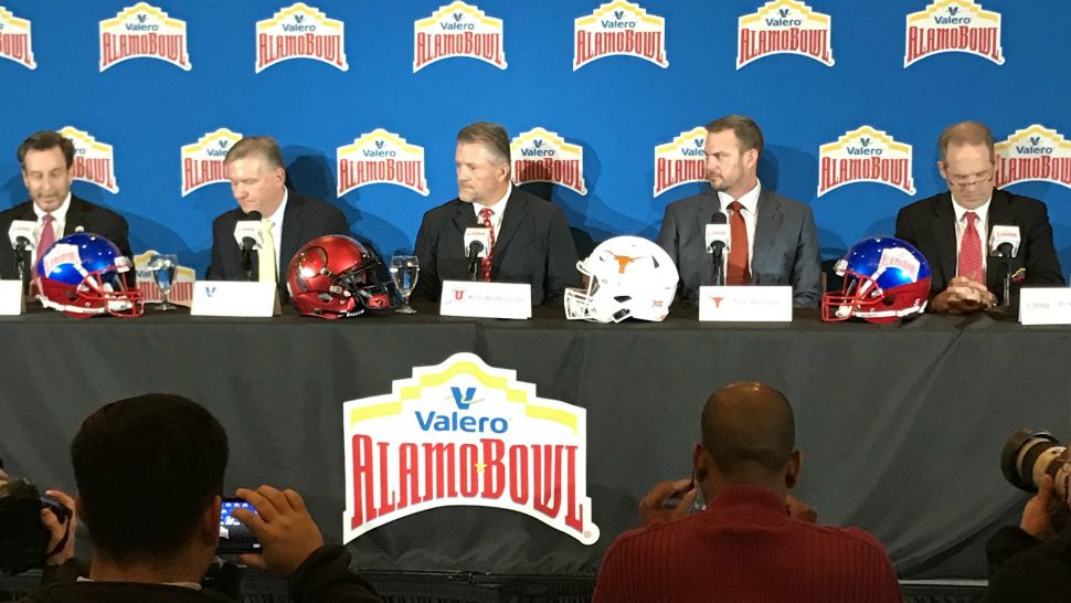 University of Texas Longhorns head coach Tom Herman and others appear at a press conference previewing the Alamo Bowl in San Antonio, Texas, in this image from December 12, 2019. (Travis Recek/Spectrum News)