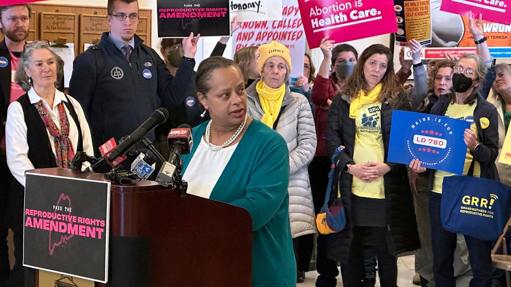 Maine House Speaker Rachel Talbot Rossspeaks in favor ofa proposal to amend the Maine Constitution to enshrine the right to an abortion at the Maine State House on Monday, Jan. 22, in Augusta. (AP Photo/David Sharp)