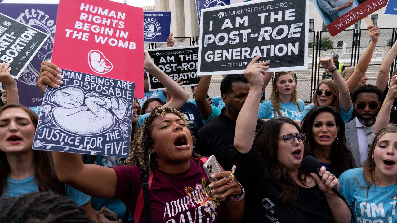 Anti-abortion protesters gather Friday outside the Supreme Court in Washington. (AP Photo/Jose Luis Magana)