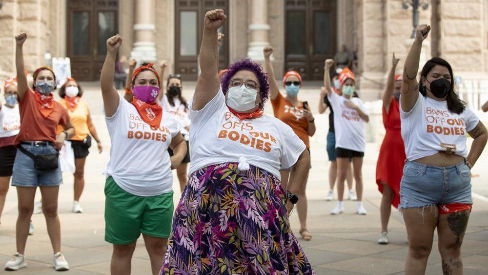 FILE - In this Wednesday, Sept. 1, 2021 file photo, Barbie H. leads a protest against the six-week abortion ban at the Capitol in Austin, Texas. Dozens of people protested the abortion restriction law that went into effect Wednesday. (Jay Janner/Austin American-Statesman via AP, File)