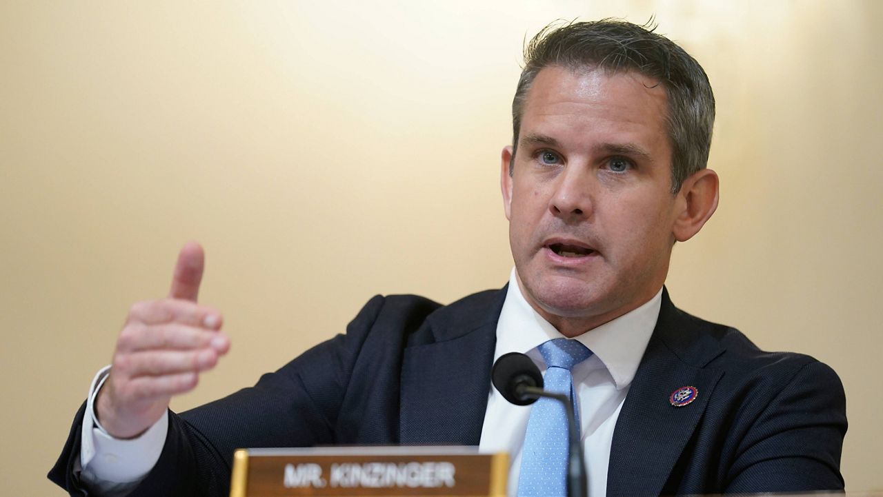 Rep. Adam Kinzinger, R-Ill., questions witnesses during the House select committee hearing on the Jan. 6 attack on Capitol Hill in Washington, Tuesday, July 27, 2021. (AP Photo/ Andrew Harnik, Pool)