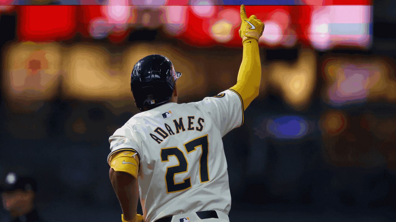 Milwaukee Brewers' Willy Adames reacts after his home run during the fourth inning