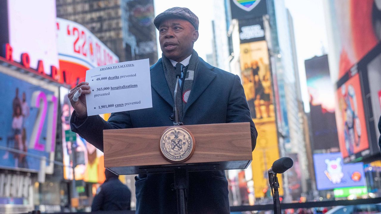 Mayor Eric Adams makes a pandemic related announcement in Times Square on Friday, March 4, 2022.