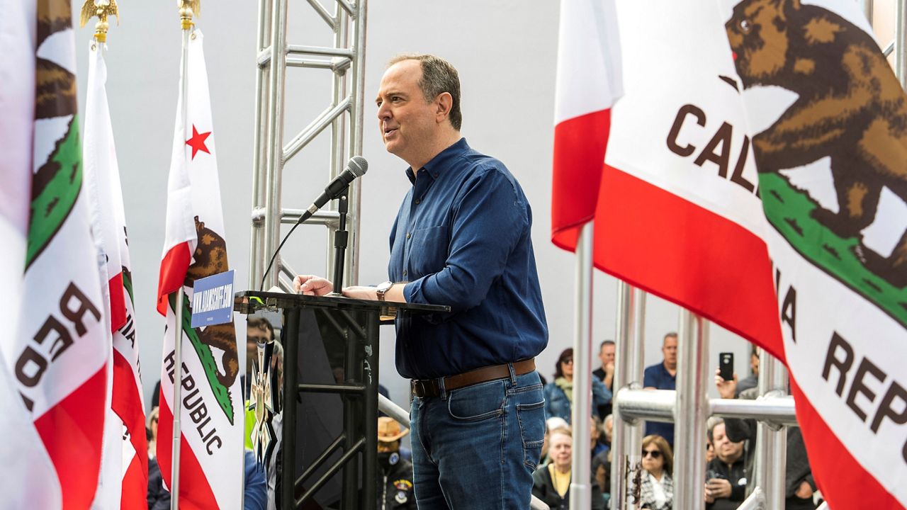 California Congressman Adam Schiff (D-Burbank) addresses members of the International Alliance of Theatrical Stage Employees at their Union Hall in Burbank, Calif., Saturday, Feb. 11, 2023. (AP Photo/Damian Dovarganes)