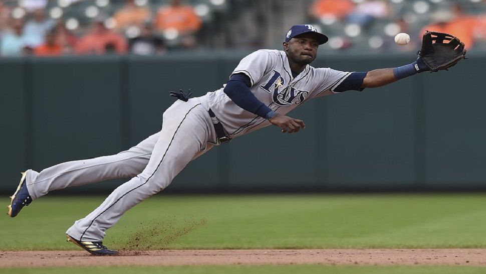 Tampa Bay Rays shortstop Adelny Hechavarria stops a ground ball hit by Mark Trumbo in the eighth inning of a baseball game, Sunday, July 29, 2018, in Baltimore. Trumbo earned a single on the play. (AP Photo/Gail Burton)