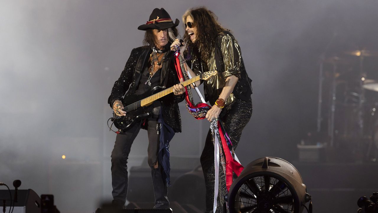 Joe Perry, left, and Steven Tyler, of Aerosmith, perform on Thursday, Sept. 8, 2022, at Fenway Park in Boston. (Photo by Winslow Townson/Invision/AP)