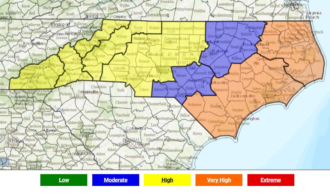 The North Carolina State Climate Office map that shows the forecasted fire danger across North Carolina. (N.C. Forest Service)
