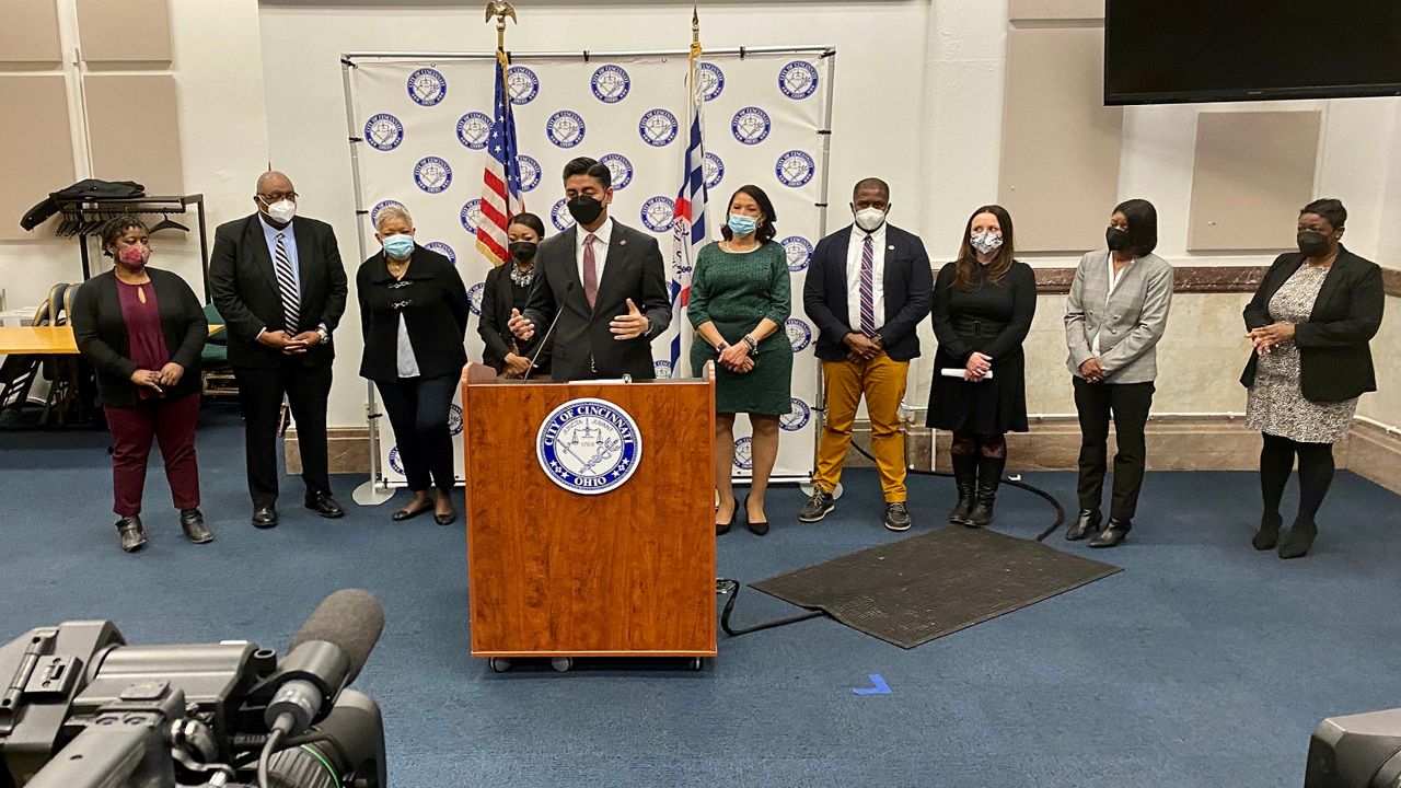 Mayor Aftab Pureval (at podium), city leaders and community partners outline what was described as an 'ambitious' plan to fund affordable housing in the city. (Spectrum News 1/Casey Weldon)