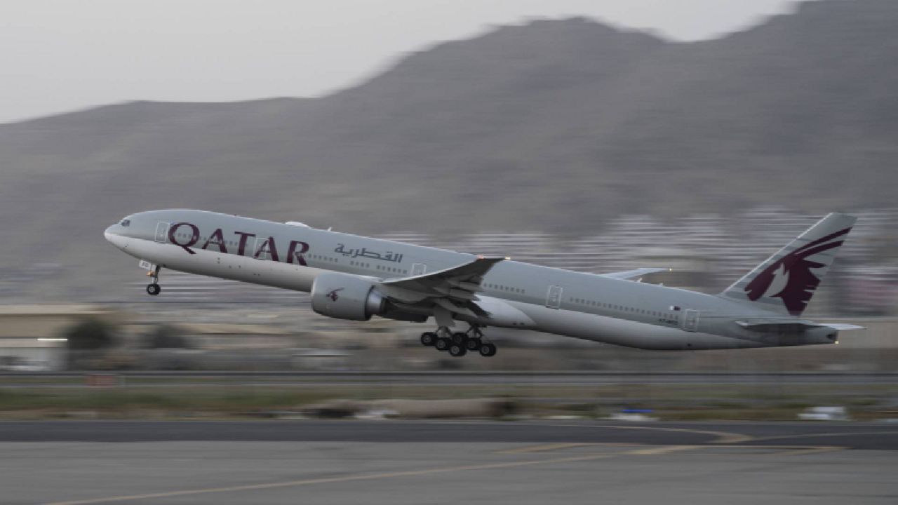 In this Sept. 9, 2021, photo, a Qatar Airways aircraft takes off with foreigners from the airport in Kabul, Afghanistan. U.S. veterans, lawmakers and others say the relaunch of evacuation flights from Kabul has done little to soothe fears that the U.S. might abandon countless Afghan allies who risked their lives working alongside American troops. (AP Photo/Bernat Armangue)
