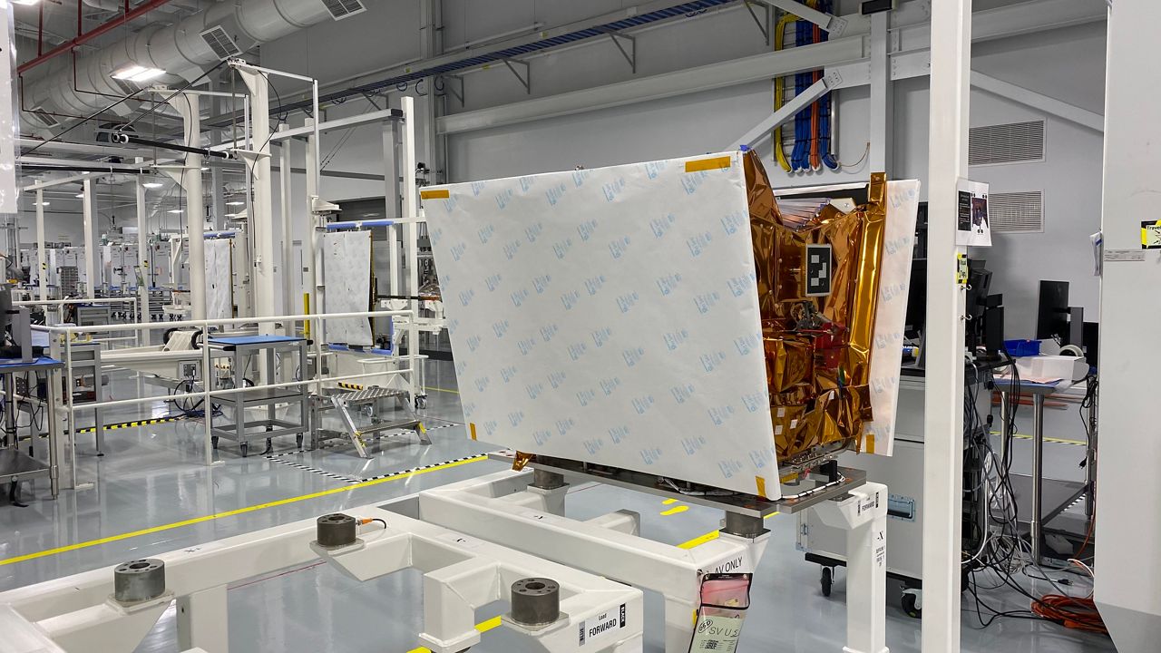 A satellite goes through the checkout process at Airbus OneWeb Satellites on Merritt Island. (Spectrum News 13/Will Robinson-Smith)