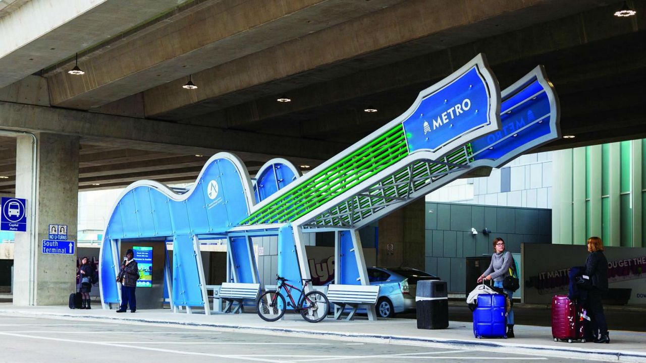 A guitar shaped bus stop at the Austin-Bergstrom International Airport. (Courtesy: Austin-Bergstrom International Airport)