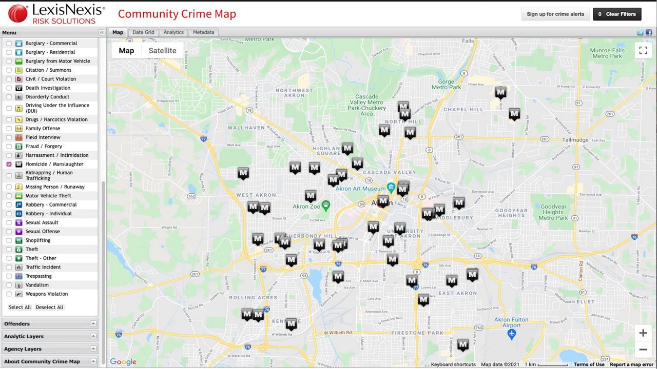 crime map of Akron homicides