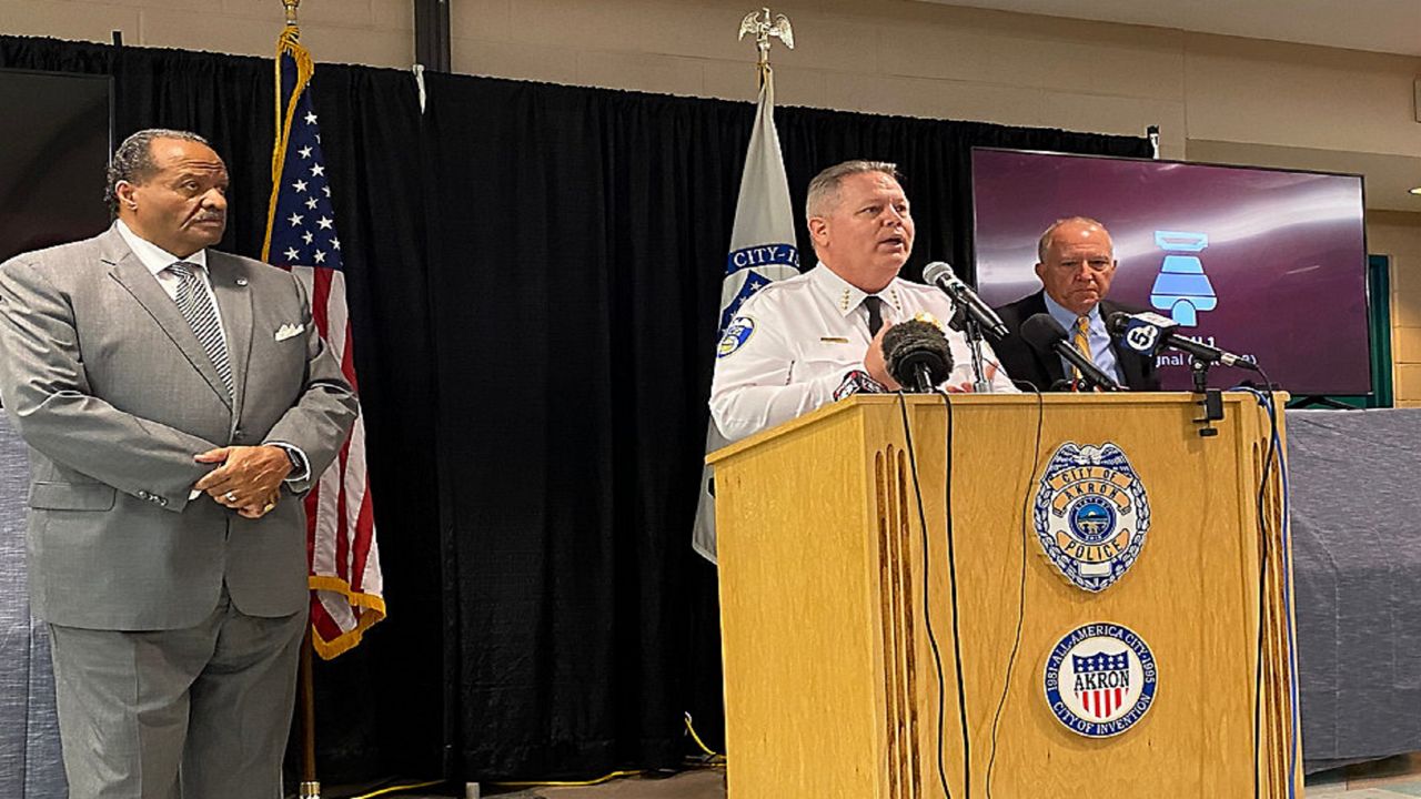 Akron officials (from left) Deputy Mayor Marco Sommerville, Police Chief Steve Mylett and Mayor Dan Horrigan discuss the deadly shooting of Jayland Walker. 