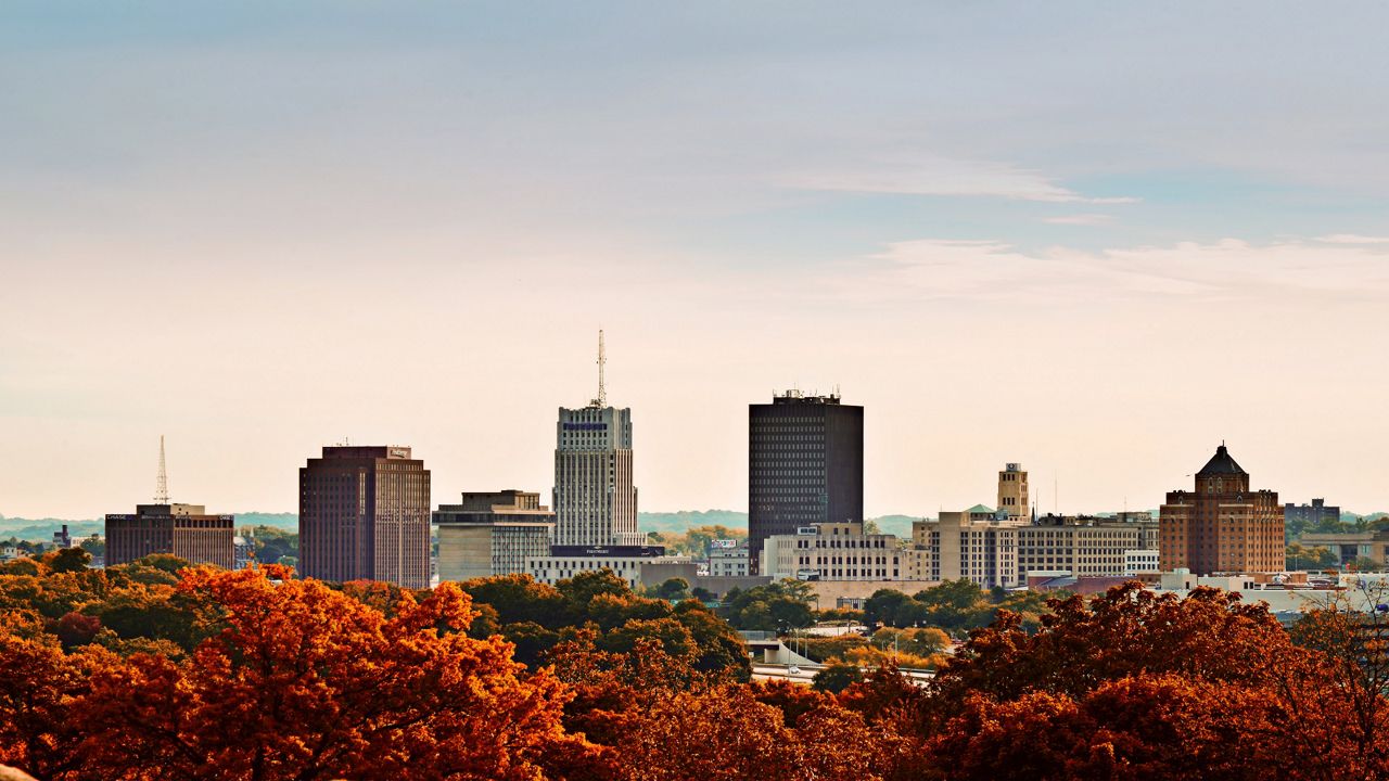 View of the downtown Akron skyline during the fall season. (Shane Wynn via AkronStock)