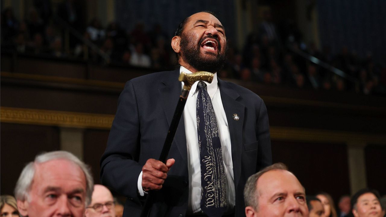 Rep. Al Green, D-Texas, shouts as President Donald Trump addresses a joint session of Congress at the Capitol in Washington, Tuesday, March 4, 2025. (Win McNamee/Pool Photo via AP)