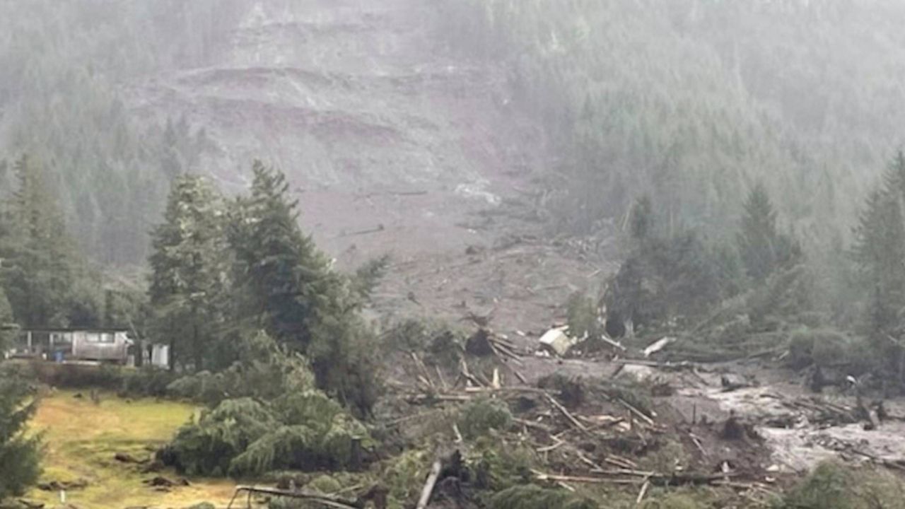 In this image provided by the U.S. Coast Guard is the aftermath of a landslide in Alaska on Tuesday, Nov. 21, 2023.