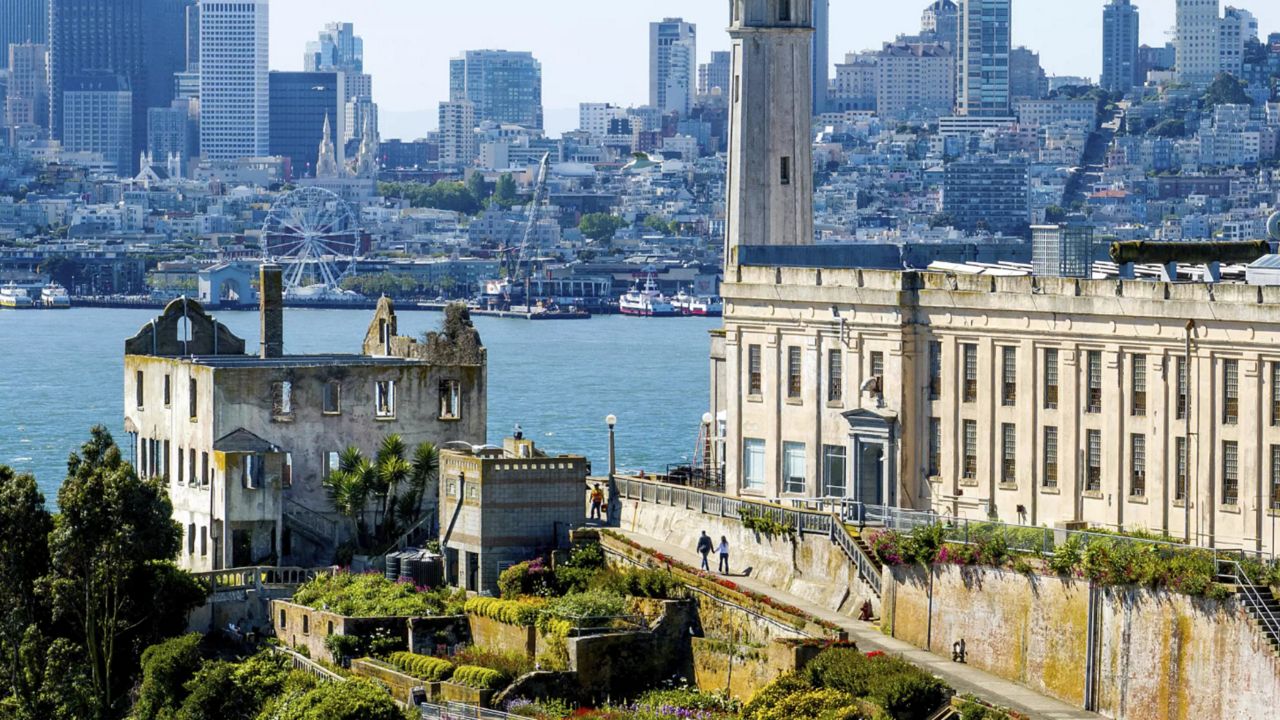 Visitors ascend a walkway at Alcatraz Island on May 5. (Associated Press/Noah Berger)