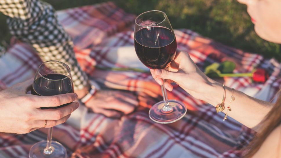 File photo of two people drinking red wine on a picnic blanket. 