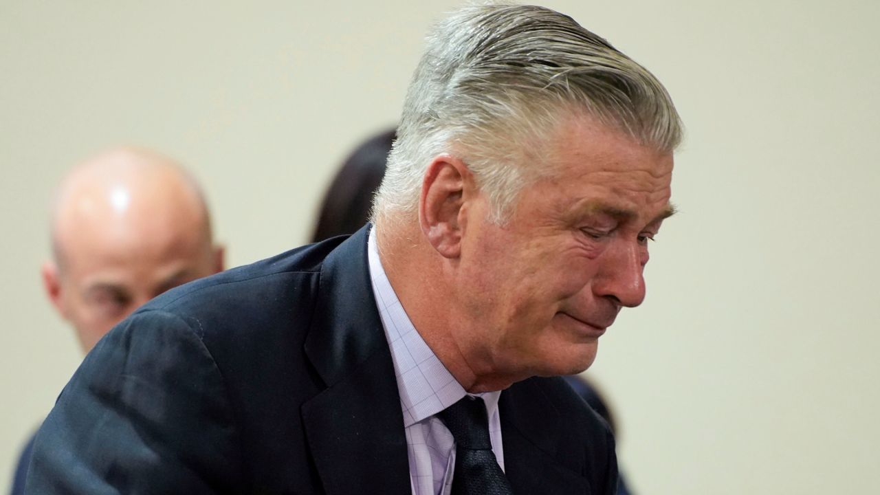 Actor Alec Baldwin reacts during his trial for involuntary manslaughter for the 2021 fatal shooting of cinematographer Halyna Hutchins during filming of the Western movie "Rust" on Friday at Santa Fe County District Court in Santa Fe, N.M. (Ramsay de Give/Pool Photo via AP)