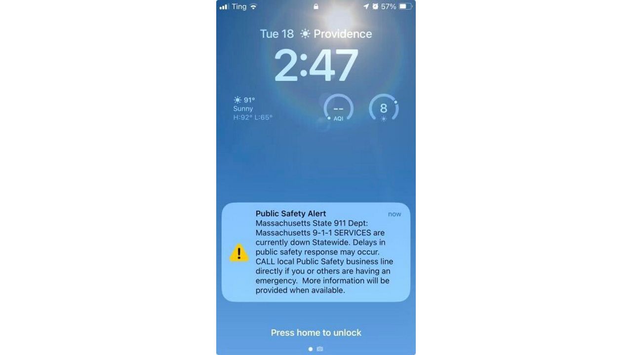 This alert screen, seen on a mobile phone in Providence, Rhode Island, shows a notification alerting users that the 9-1-1 emergency system is currently down. The 911 system across Massachusetts went down Tuesday afternoon, June 18, 2024, making it impossible for anyone to reach emergency services. (AP Photo/Michelle Smith)