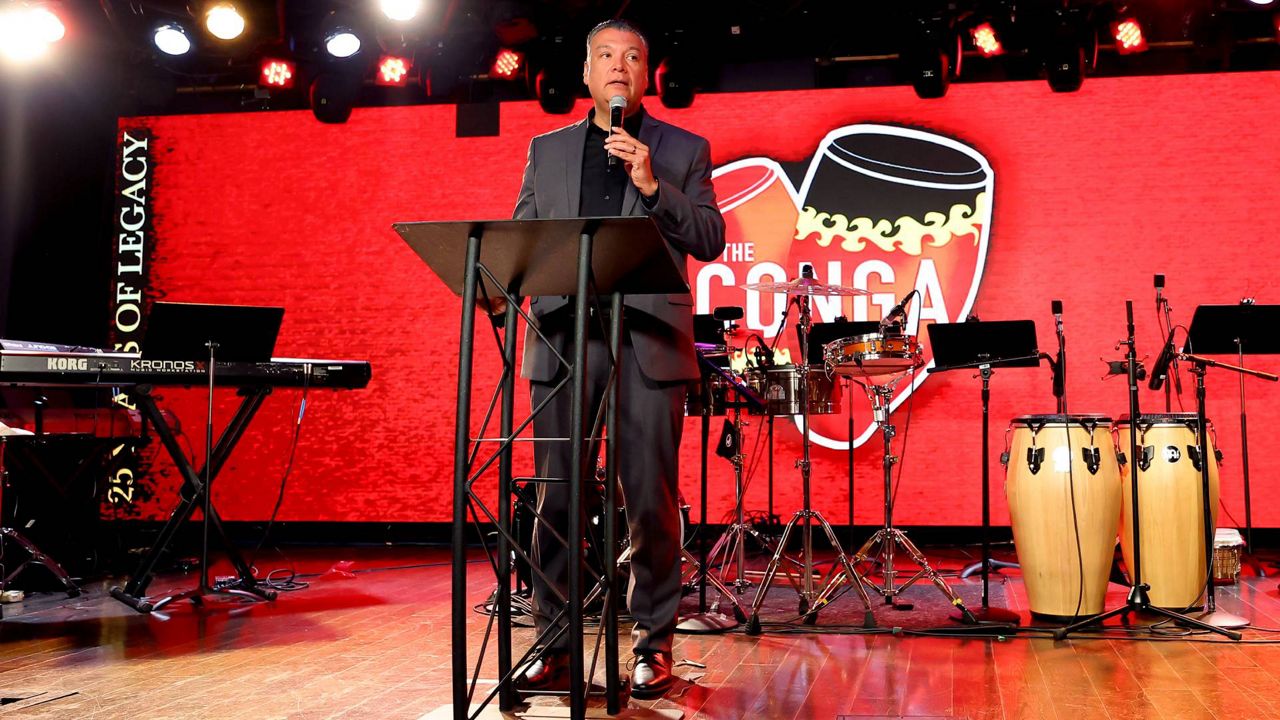 U.S. Sen. Alex Padilla speaks onstage during The Conga Room's 25-year closing celebration at The Conga Room on Wednesday in Los Angeles. (Getty Images for The Conga Room/Leon Bennett)