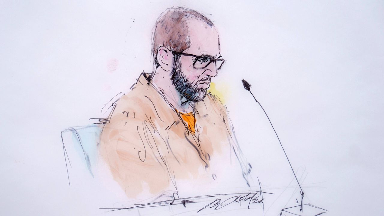 In this courtroom sketch, defendant Alexander Smirnov speaks in Federal court in Los Angeles, Feb. 26, 2024. (William T. Robles via AP)
