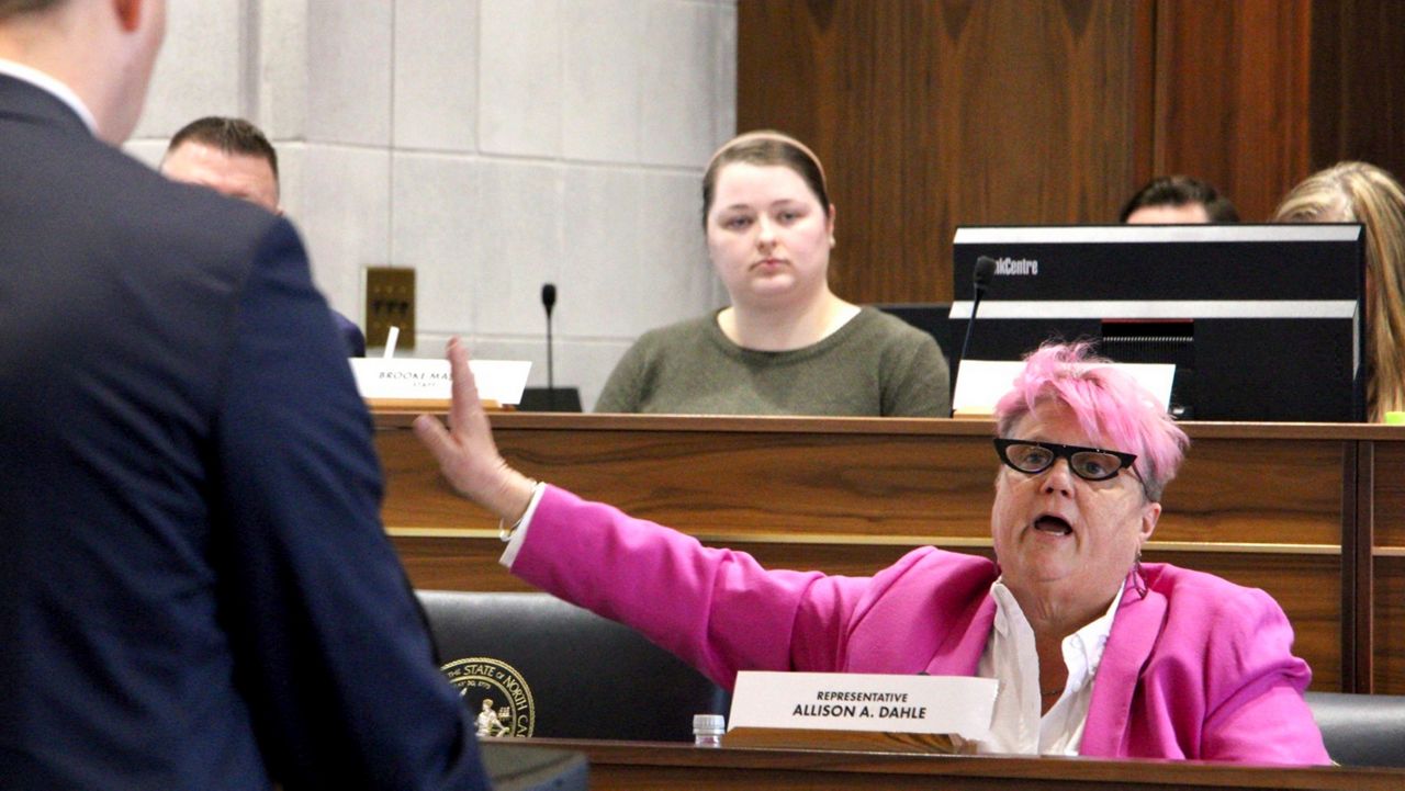 North Carolina state Rep. Allison Dahle, a Wake County Democrat, questions Nash County Republican Rep. Allen Chesser during a committee meeting at the Legislative Building in Raleigh, N.C., on Wednesday, Feb. 15, 2023. (AP file photo/Hannah Schoenbaum)