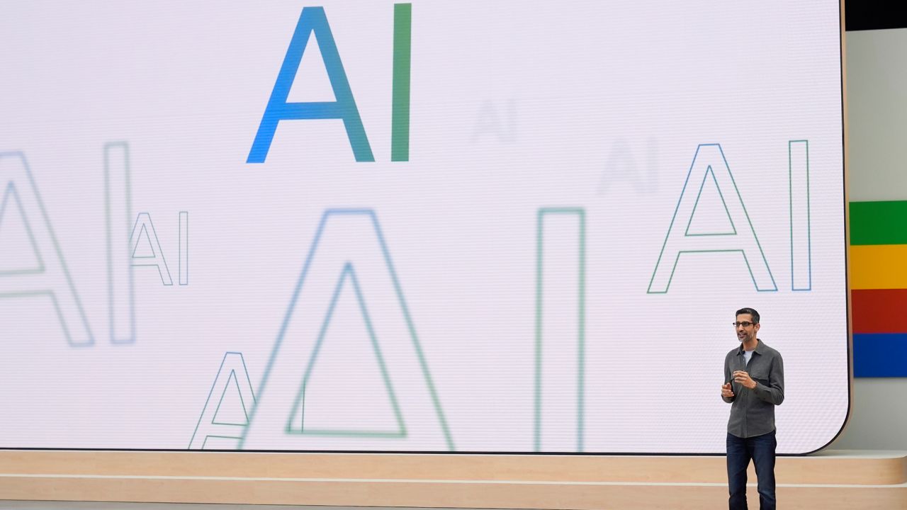 Alphabet CEO Sundar Pichai speaks at a Google I/O event in Mountain View, Calif., May 14, 2024. (AP Photo/Jeff Chiu)