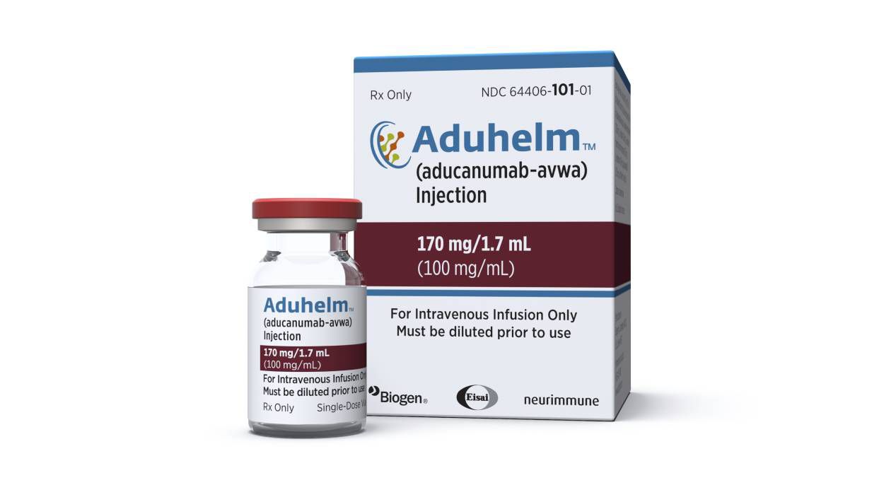 This image provided by Biogen shows a vial and packaging for the drug Aduhelm. (Biogen via AP, File)